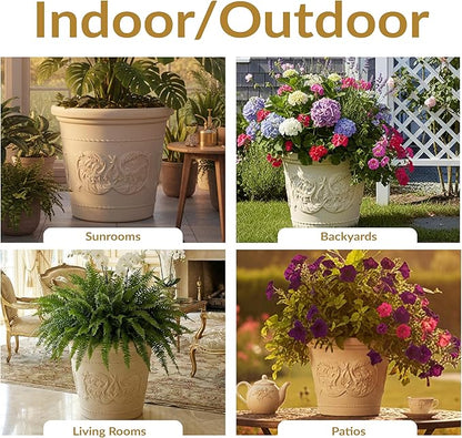 Sunnydaze 19.5-Inch Arabella Large Plastic Pot for Plants - Outdoor Double-Walled Polyresin Large Plastic Planter with Drillable Drainage Holes - Antique White - 4-Pack