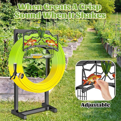 Freestanding Garden Hose Holder, Heavy Duty Black Metal Hose Rack with Storage Basket & 4 Spikes, Holds 150FT Water Hose for Yard Lawn Patio Decor