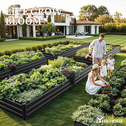 YITAHOME 12x4x1ft 2pcs Large Raised Garden Bed Kit, Galvanized Metal Planter Box with Gloves, Ground Nails, Support Rod, Outdoor Above Ground Planters for Plants Vegetables Flowers, Black
