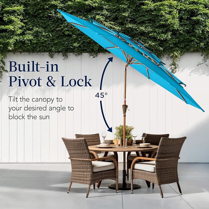 Best Choice Products 10ft 3-Tier Solar Patio Market Umbrella, Outdoor Sun Shade for Backyard, Deck, Poolside, Table w/Woodgrain Pattern, LED Lights, Tilt Adjustment - Sky Blue