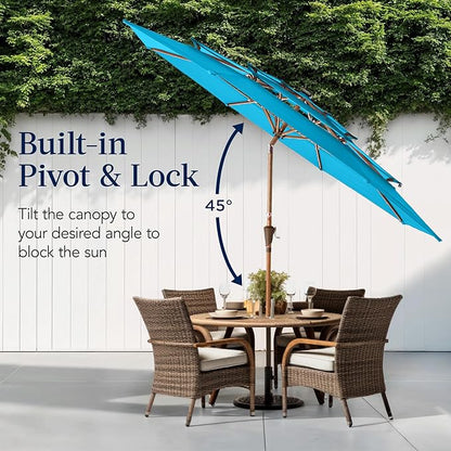 Best Choice Products 10ft 3-Tier Solar Patio Market Umbrella, Outdoor Sun Shade for Backyard, Deck, Poolside, Table w/Woodgrain Pattern, LED Lights, Tilt Adjustment - Sky Blue