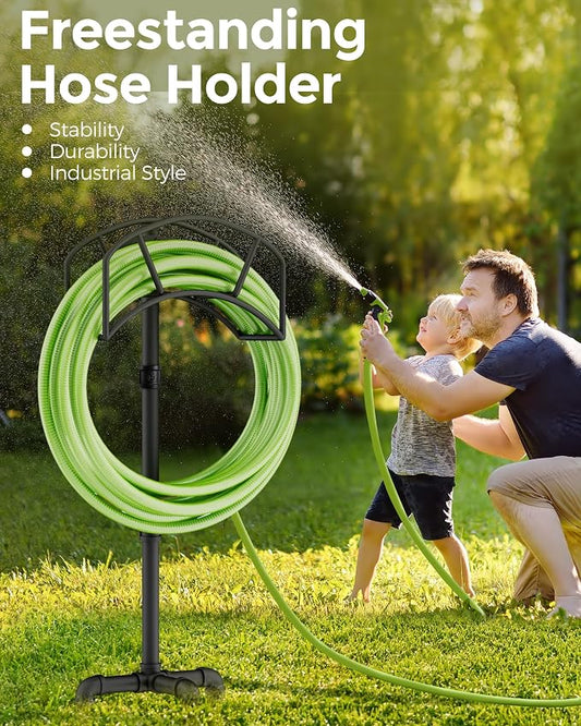 Freestanding Garden Water Hose Storage Holder Stand for Outside, 160-Ft Hose Heavy Duty Metal Hanger Reel Organizer Outdoor Yard Lawn, Standing Keeper Rack with Ground Stake, Black GHH01BK01