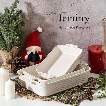 Ceramic Baking Dish Set of 3, Casserole Dishes for Oven, Square Porcelain Bakeware Set with Handles, Lasagna Baking Pan for Cooking, Perfect for Baking and Serving, Housewarming, Halloween, Thanksgiving, Christmas, New Year-Reactive White