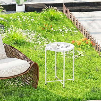 Garden 4 you Small Side Table, White Mini Round End Table, Tray Table with Metal Frame, Modern Nightstand for Living Room, Bedroom, Patio, Small Space, 2pcs