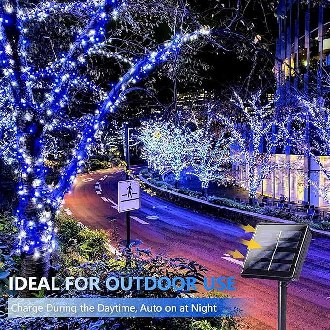 4 Pack 180FT Solar Christmas Lights Outdoor Waterproof, Super Bright 320 LED Solar String Lights with 8 Lighting Modes, Green Wire Solar Twinkle Tree Lights for Outside Xmas Party(Blue and White)
