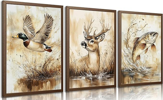3Pcs Rustic Outdoor Wildlife Canvas Wall Art,Watercolor Deer Duck And Fish Posters Prints,Vintage Farmhouse Hunting Wall Decor Pictures,for Living Room Bathroom Kitche Home Decoration