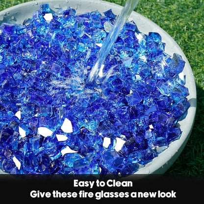 Skyflame 15LB Fire Glass for Propane Fire Pit, 1/2 Inch Cobalt Blue Reflective Glass Rocks, Fireplace Fire Table Decorative