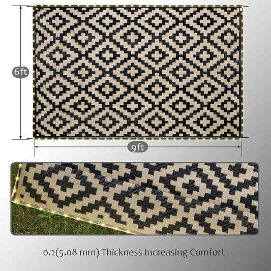 SAND MINE Reversible Mats with Led Strip Lights, Plastic Straw Rug, Modern Area Rug, Large Floor Mat for Outdoors, Patio, Backyard, Deck, Picnic, Camping, Black & Beige, 6' x 9'