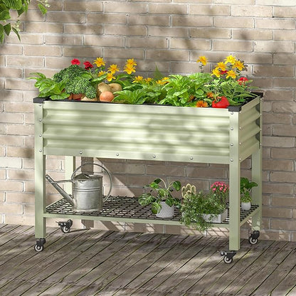 MUPATER 48" L x 24" W x 34" H Galvanized Steel Raised Garden Bed, 507lbs Capacity Large Metal Elevated Raised Planter Box with Rolling Casters & Extra Bottom Shelf for Patio, Balcony, Beige