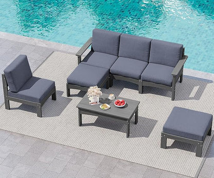 SERWALL 7-Piece Patio Sofa Set, Outdoor Furniture Set, All-Weather HDPE Outdoor Sectional Conversation Set with Cushions and Coffee Table, Large Modular Sofas for Garden, Grey Frame with Grey Cushion