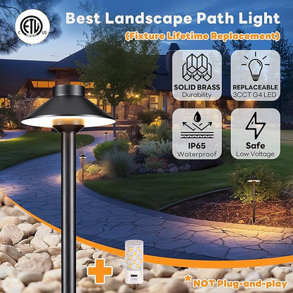Gardenreet Low Voltage Landscape Lighting Brass, Warm & Neutral White Adjustable 12v Pathway Lights Waterproof, Black Path Light for Outdoor Exterior Area Patio House with 3W 270LM G4 Bulb (6 Pack)