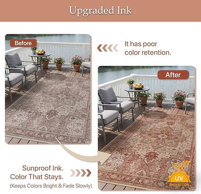 GENIMO Outdoor & Indoor Area Rug 10'x14', Waterproof, Non-Shedding, Easy Cleaning, Boho Mat for Patio, Living Room, Balcony, Dining Room, RV, Deck, Bedroom, Camping, Outside Carpet,Brown Red
