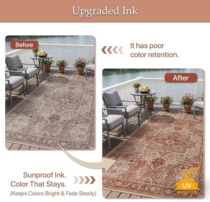 GENIMO Outdoor & Indoor Area Rug 5'x8', Waterproof, Non-Shedding, Easy Cleaning, Boho Mat for Patio, Living Room, Balcony, Dining Room, RV, Deck, Bedroom, Camping, Outside Carpet,Brown Red