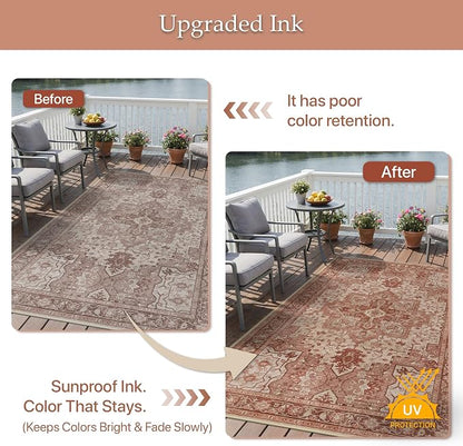 GENIMO Outdoor & Indoor Area Rug 5'x8', Waterproof, Non-Shedding, Easy Cleaning, Boho Mat for Patio, Living Room, Balcony, Dining Room, RV, Deck, Bedroom, Camping, Outside Carpet,Brown Red