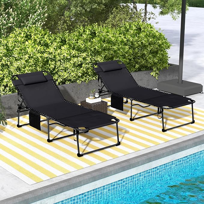 Outsunny 2 Piece Folding Chaise Lounge with 5-Level Reclining Back, Tanning Chair with Face Hole, Outdoor Lounge Chair with Side Pocket & Headrest for Beach, Yard, Patio, Black