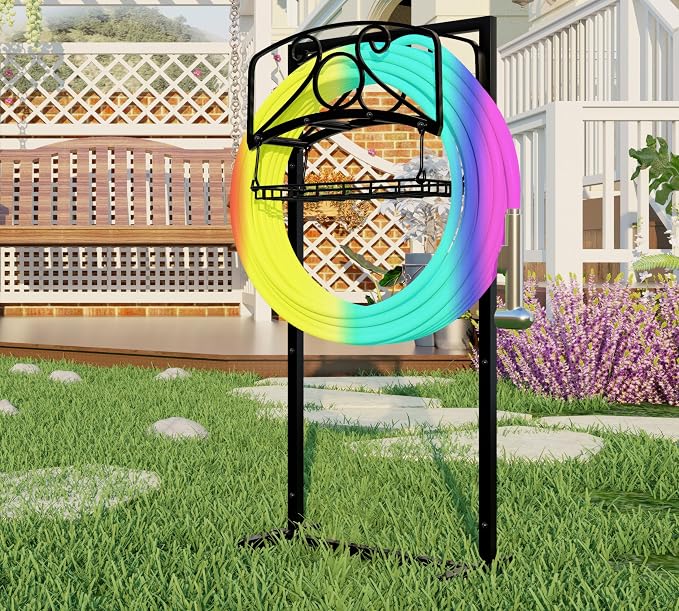 Fire Beauty Heavy-Duty Portable Garden Hose Holder with Storage Basket,80+ lbs Capacity,Holds 180ft Hose,Dual Support Rods & Rustproof Screws