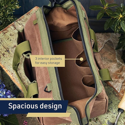Waxed Canvas Tool Bag - 11.75” Heavy Duty Canvas Tote Bag Garden Caddy for Gardening Supplies or Tools with Wide Mouth 3 Interior and 3 Exterior Pockets - Gardening Gifts Men by Kings County Tools