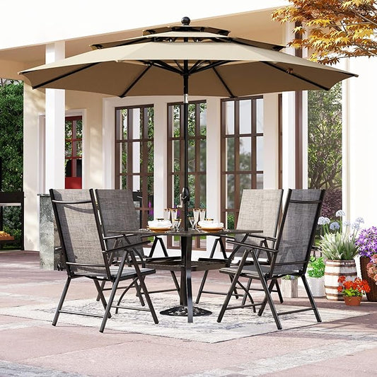 PHI VILLA Outdoor Patio Dining Set with 10ft Umbrella for 4, Outdoor Table Chairs Set with Adjustable Folding Patio Chair for Garden