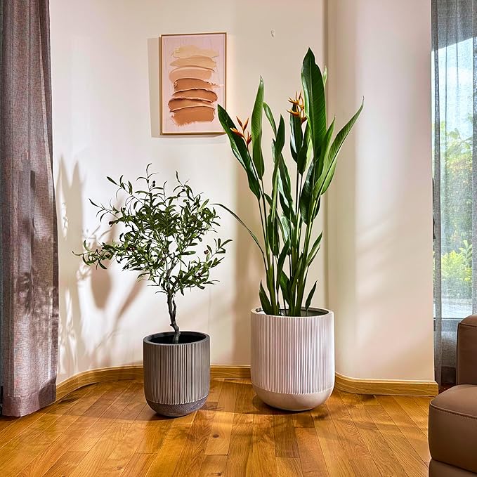 14.2" H x 13" D Ribbed Radius Fiberstone Round Planter with Drainage Hole, Weather Resistant for Indoor and Outdoor Use, Included 2 Extra Coco Mats (Frost Grey, 11.5" Pot Opening)