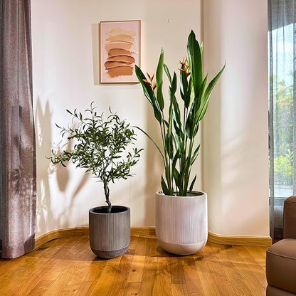 18.7" H x 16.9" D Ribbed Radius Fiberstone Round Planter with Drainage Hole, Weather Resistant for Indoor and Outdoor Use, Included 2 Extra Coco Mats (Frost Grey, 15" Pot Opening)