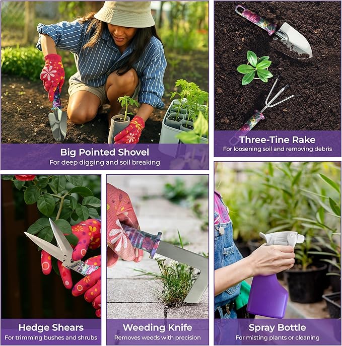 12-Piece Gardening Tools Set – Rust-Resistant Stainless Steel Hand Tools with Ergonomic Floral Handles & Carry Case, Includes Folding Shovel & Gloves – Perfect Gardening Kit for Women & Beginners