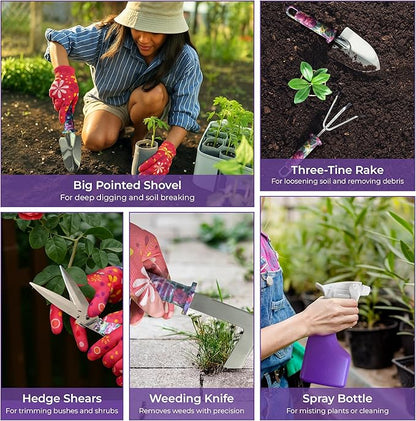 12-Piece Gardening Tools Set – Rust-Resistant Stainless Steel Hand Tools with Ergonomic Floral Handles & Carry Case, Includes Folding Shovel & Gloves – Perfect Gardening Kit for Women & Beginners