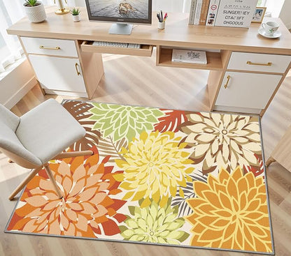 Colorful 3x5 Washable Rug for Living Room Tropical Botanical Modern Floral Chenille Area Rugs Low Pile Non Slip Carpet for Patio, Bedroom, Laundry, Orange