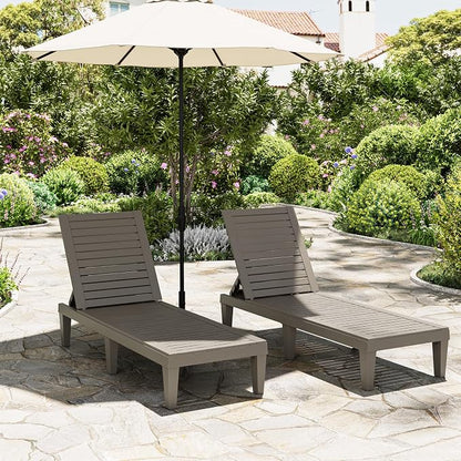 Outdoor Lounge Chairs Set of 2, 5-Position Adjustable Tanning Chairs with Wood Grain, All-Weather Resin Patio Recliners for Pool, Garden, Deck, Beach, Patio Lounge Chairs, Texture Grey