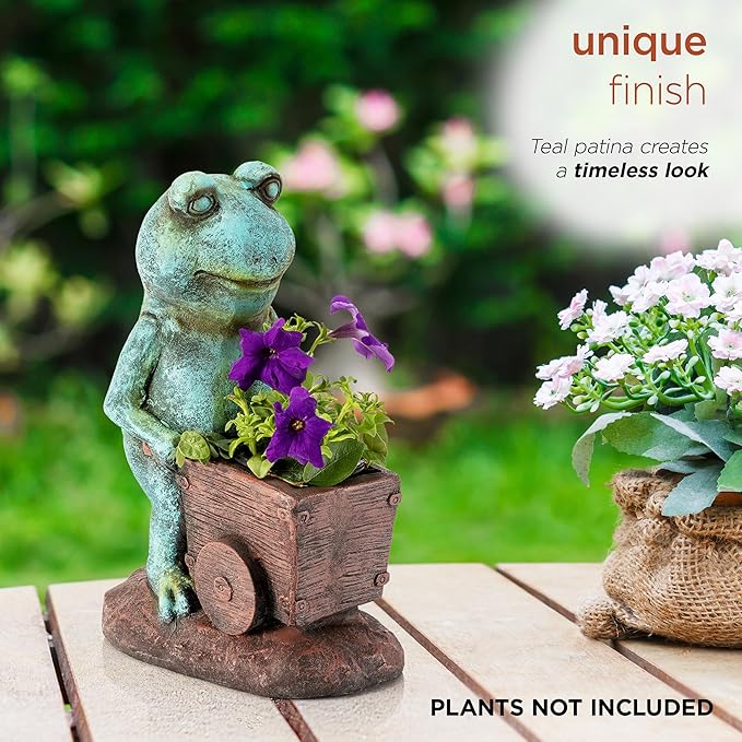 Alpine Corporation ZEN716 Outdoor Frog Pushing Wagon Planter, Garden Statue Decoration, 15" Tall, Green