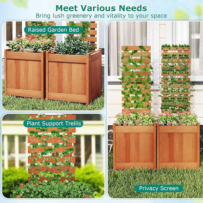 Giantex Wood Raised Garden Bed with Trellis Set of 2, Outdoor Planter Box w/Open-Ended Base for Climbing Plants, 18'' Planting Depth Freestanding Privacy Planters Trellis Planter for Patio, Backyard