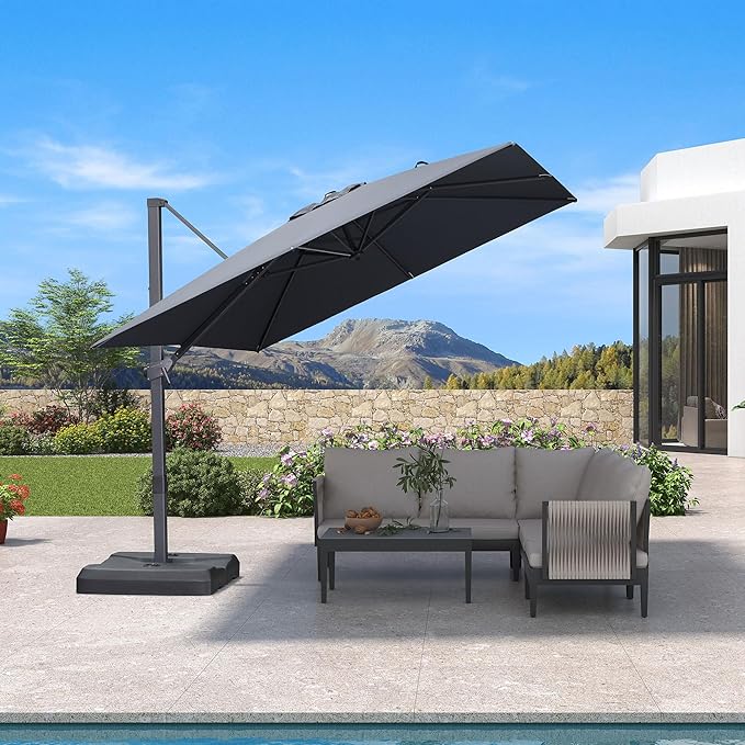 PURPLE LEAF 9' × 9' Patio Cantilever Umbrella Outdoor Square Adjustable Offset Umbrellas with 360-degree Rotation and 8 Heavy Duty Metal Ribs for Garden Deck Pool Gray
