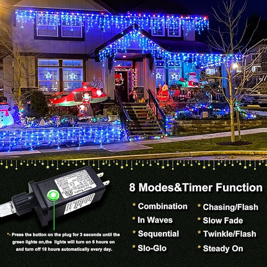 Christmas Icicle Lights Outdoor 66 FT 640 LED Icicle Lights Plug in Conenectable Hanging Christmas Light for Outside Holiday Pavilion Balcony House Decorations, Blue