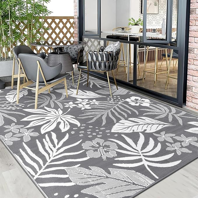 Pauwer Waterproof Outdoor Rug 8x10, Reversible Plastic Straw Patio Camping Rug, Indoor Outdoor RV Mat Carpet for Deck, Camper, Porch, Balcony, Backyard, Picnic, Floral Grey
