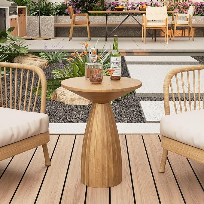 Metal Small Patio Table, Round Outdoor Side Table, Wood Color Outdoor Accent End Table, Patio Furniture, for Garden, Pool, Yard, Balcony, Living Room, Deck, Weather Resistant, No Assembly