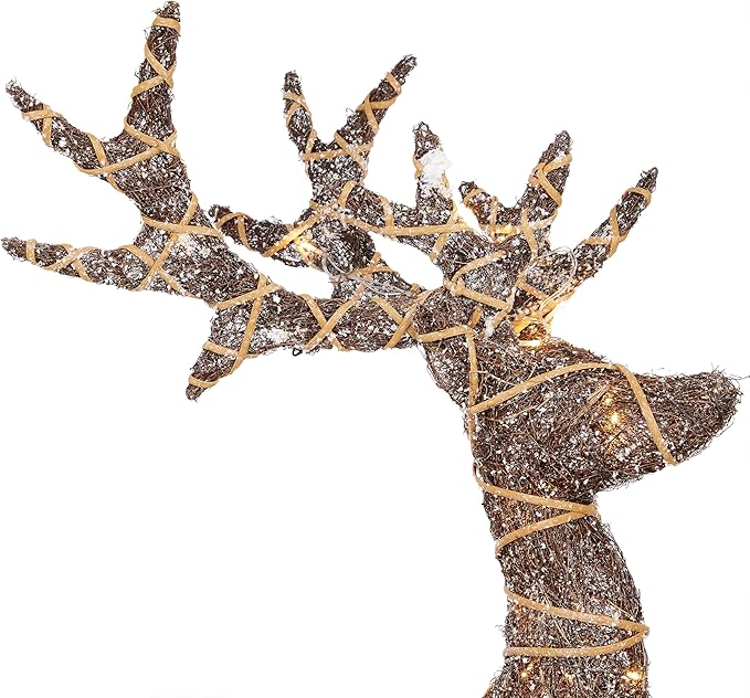 Alpine Corporation 48" Tall Outdoor Rattan Twig Grazing Reindeer Christmas Yard Decor with 80 Warm White LED Lights, Brown
