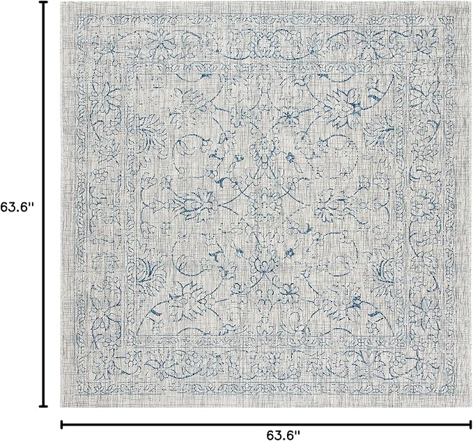 SAFAVIEH Washable Rug Outdoor Courtyard Collection - 5'3" Square, Grey & Navy, Non-Shedding & Easy Cleaning, Ideal for Patio, Backyard, Mudroom (CY8680-36812)