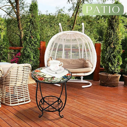 Cinnvoice Outdoor Side Table Round Small Mosaic Patio Accent Indoor End Plant Coffee Tea Table for Yard Patio Porch Garden Living Room, Bedroom(Hummingbird A Style,14 Inch)