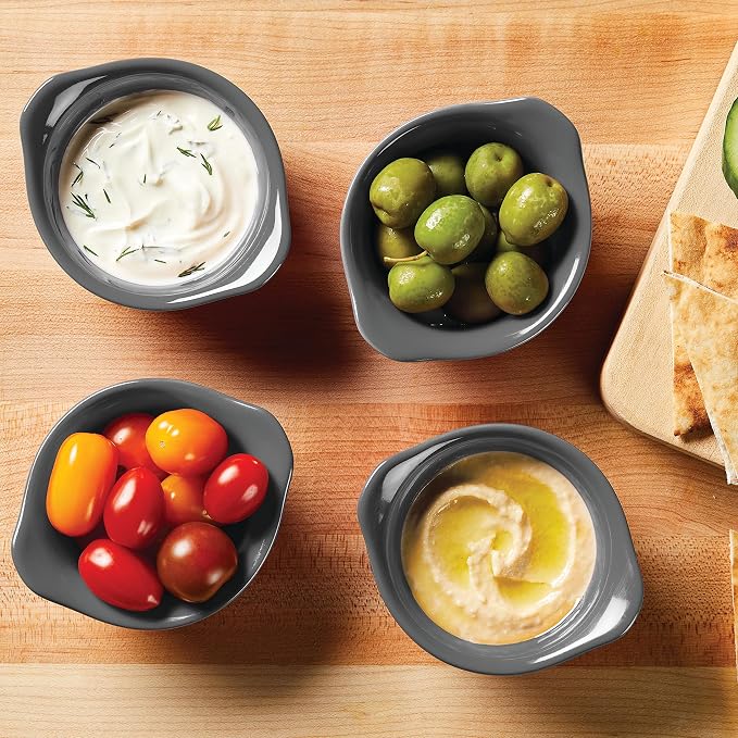 Rachael Ray Solid Glaze Ceramics Round Ramekins/Dipping Cup Set, 4 Piece, Gray (Pack of 3)