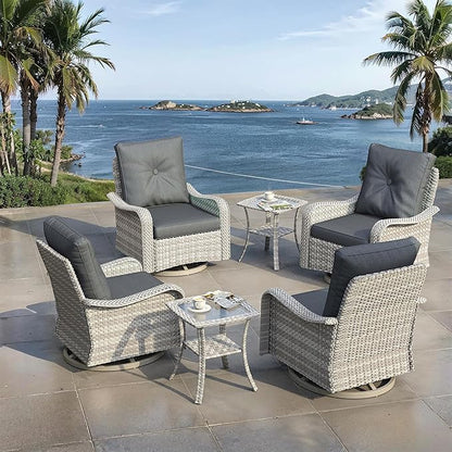 6 Piece Outdoor Wicker Patio Furniture Set,High Back Swivel Rocker Patio Chairs with 4" Thickened Cushions & Side Table, All-Weather PE Rattan for Garden, Backyard, Porch, Black