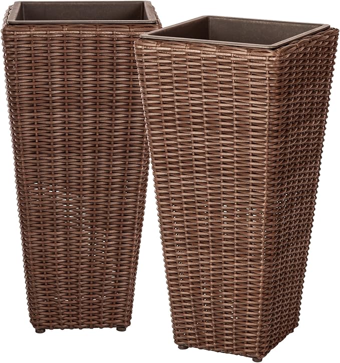 Balkene Home 62501 Alto Wicker All-Weather Planter Set with Liners Tall Plant Decor Box for Outdoors Patio Herb Garden Furnishings - Mocha - Pack of 2