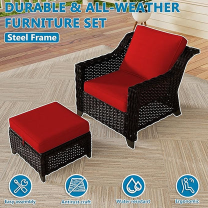 VistaVibe 4 Pieces Outdoor Patio Conversation Furniture Set - 2 Luxurious Armchairs | 2 Wicker Ottomans, Removable Cushions, Hand-Woven PE Rattan, Office, Porch (Brown/Red)