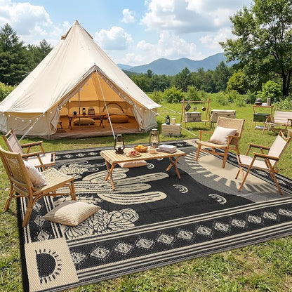 Garvee Reversible Cactus Outdoor Rug 8x10 for Patio, Waterproof Outdoor Area Rug, Modern Desert Botanical Indoor Outdoor Rugs, Plastic Straw Rug for RV, Camping, Deck, Black & Brown
