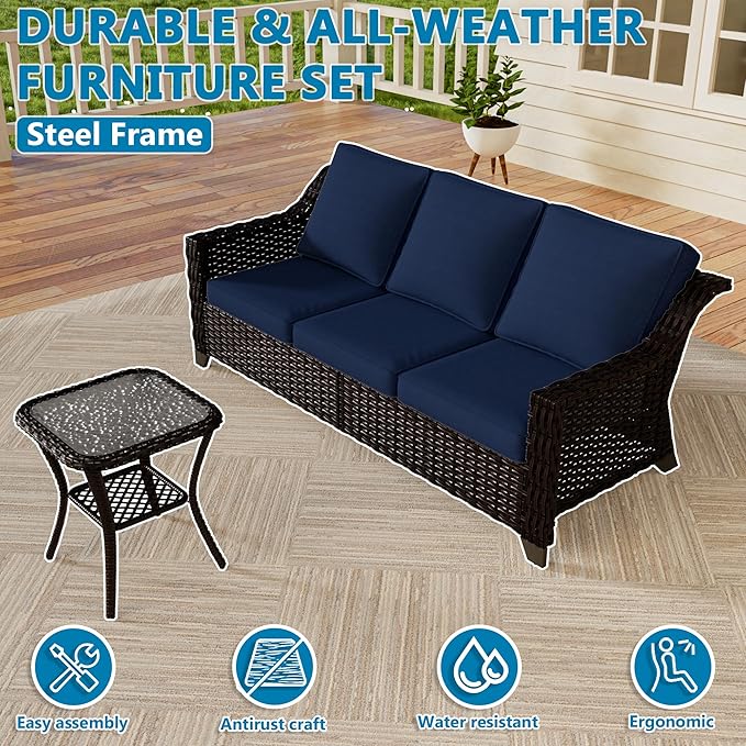 Vista Vibe 4 Pieces Outdoor Patio Conversation Furniture Set - 78" 3-Seat Sofa | 2 Swivel Glider Rocker Chairs | Wicker End Table, Rattan Loveseat, Upholstered Couch, Garden, Deck (Brown/Navy)