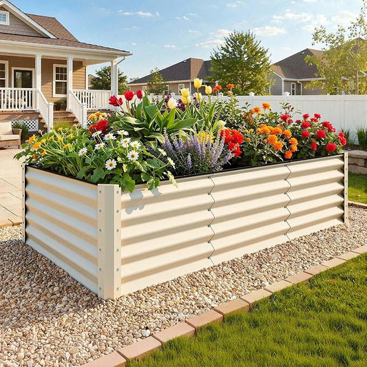YITAHOME 8x4x3ft Large Raised Garden Bed Kit, Galvanized Metal Planter Box with Gloves, Support Rod & Safety Rubber, Outdoor Above Ground Planters for Plants Vegetables Flowers, Cream Yellow