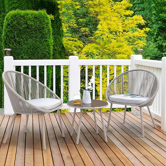 NUU GARDEN 3 Piece Outdoor Bistro Set, Woven Rope Conversation Patio Set, All Weather Patio Furniture Chairs and Table with Cushions for Garden, Deck, Backyard, Balcony, Porch, Beige
