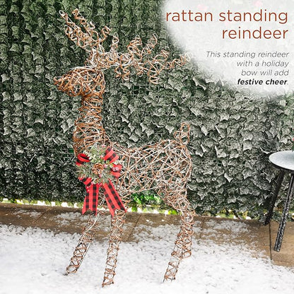 Alpine Corporation 49" Rattan Standing Reindeer Statues with Ribbon and LED Lights, Christmas Decor