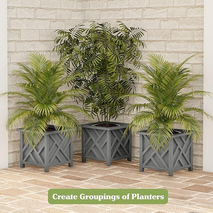 Lattice Design Outdoor Planter Box - 14.75” Square 13” Tall Gray Plant Pot - Decorative Plant Pots for Front Porch Decor - Flower Pots Outdoor Planters for Porch Patio or Garden Decor by Pure Garden