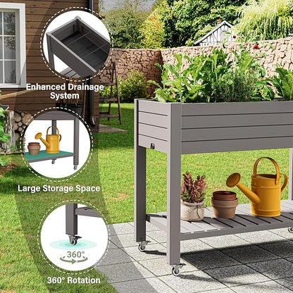 Raised Garden Bed with Wheels, Divisible Resin Planter Box with Drainage Gauge & Storage Shelf, Herb Planter for Garden Patio Backyard, Gray