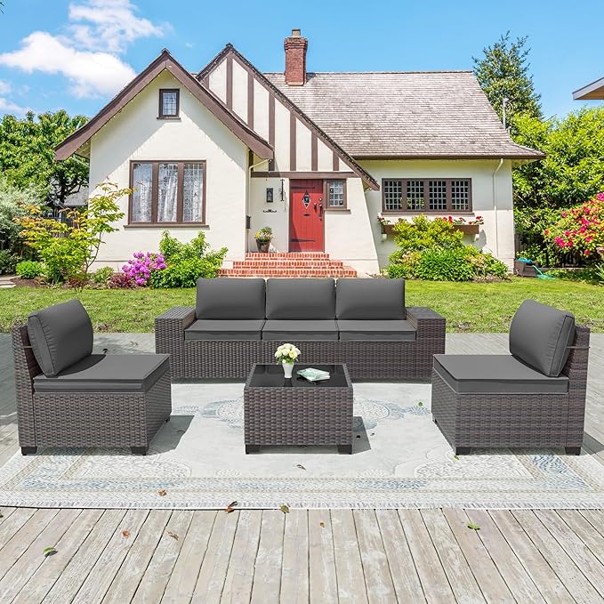 6PCS Outdoor Patio Furniture Set,PE Rattan Wicker Patio Conversation Set with Washable Cushions & Glass Coffee Table,Patio Sectional Furniture Set for Garden, Poolside, Backyard,Grey
