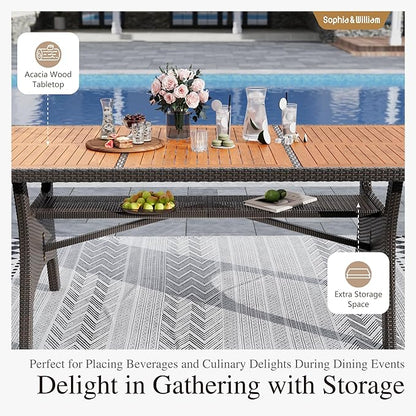 Sophia & William 74 inch Outdoor Dining Table, Acacia Wood & Wicker Patio Dining Table for 6-8 Person, Metal Legs & Adjustable Foot Pads, Large Rectangular Table for Garden, Porch, Backyard